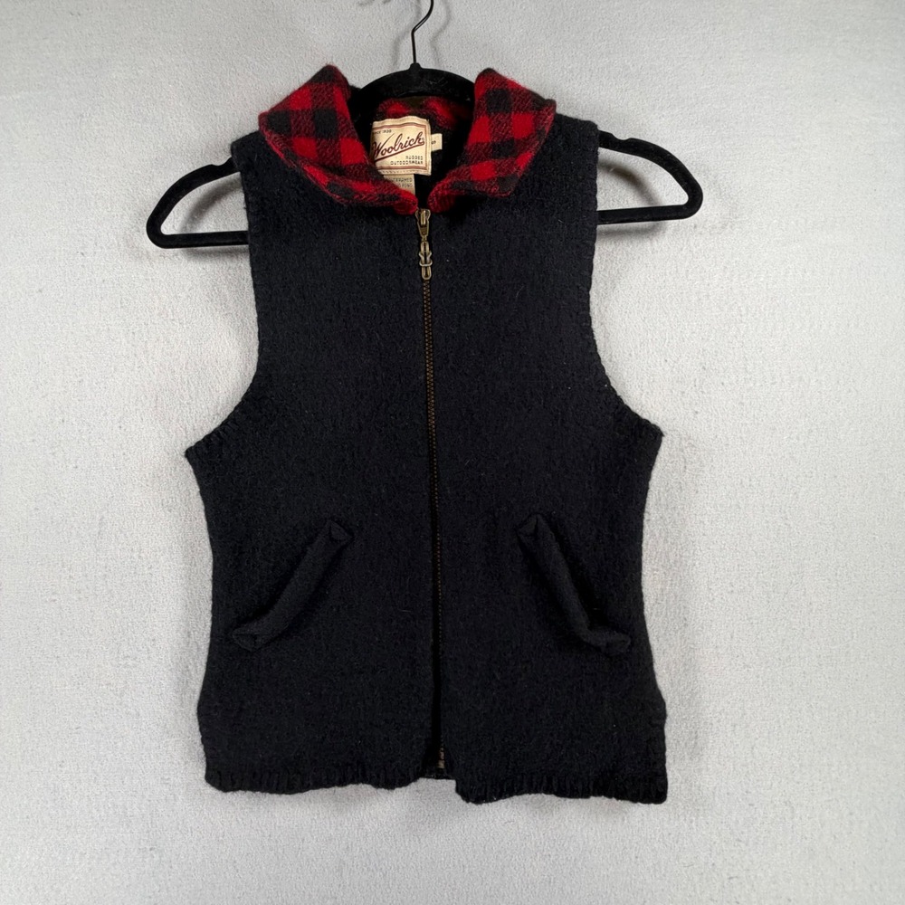 Woolrich Womens Small Black Wool Vest Buffalo Plaid Collar Full Zip Vintage 90s